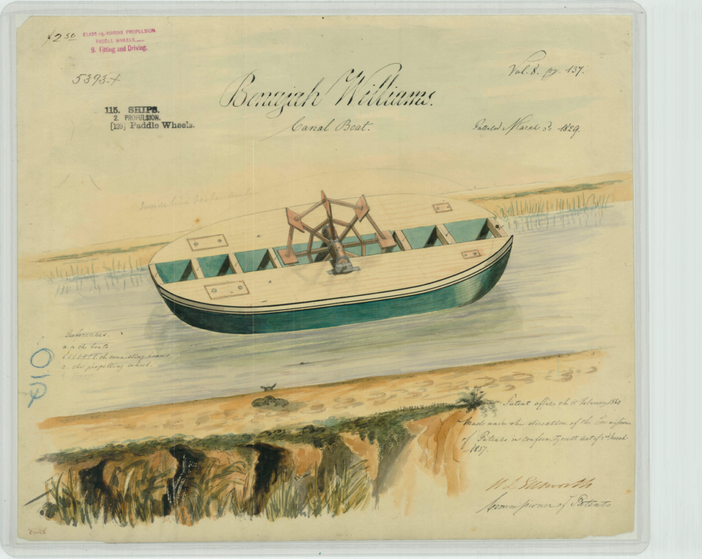 Banajah Williams Patent Drawing for a Canal Boat | Intellectual Property Law Firm | Harness IP