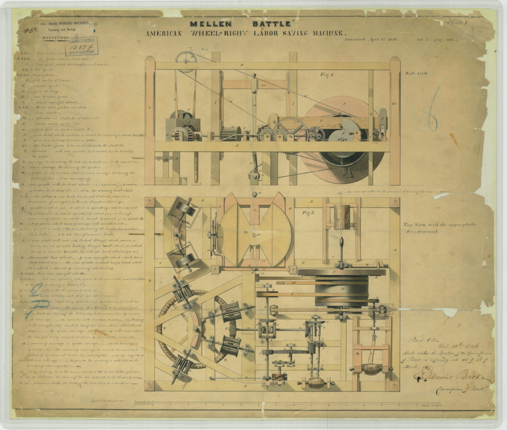 Mellen Battle Patent Drawing for a American Wheel right Labor Saving Machine | Intellectual Property Law Firm | Harness IP